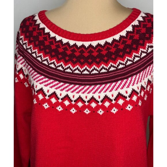 Lands End Womens Fair Isle Knit Sweater Red Nordic Pattern L 14-16 - Picture 2 of 9